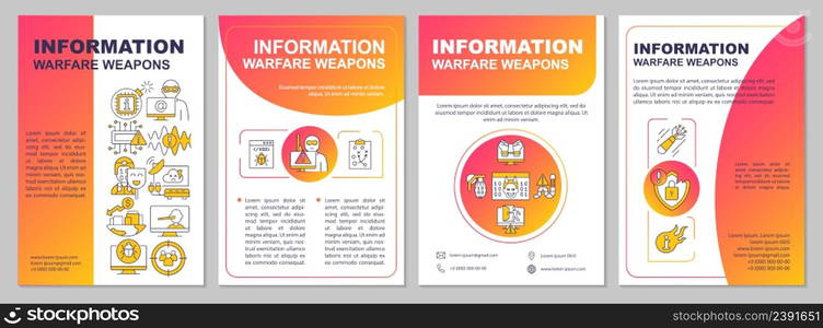 Information warfare weapons red gradient brochure template. Leaflet design with linear icons. 4 vector layouts for presentation, annual reports. Arial-Black, Myriad Pro-Regular fonts used. Information warfare weapons red gradient brochure template