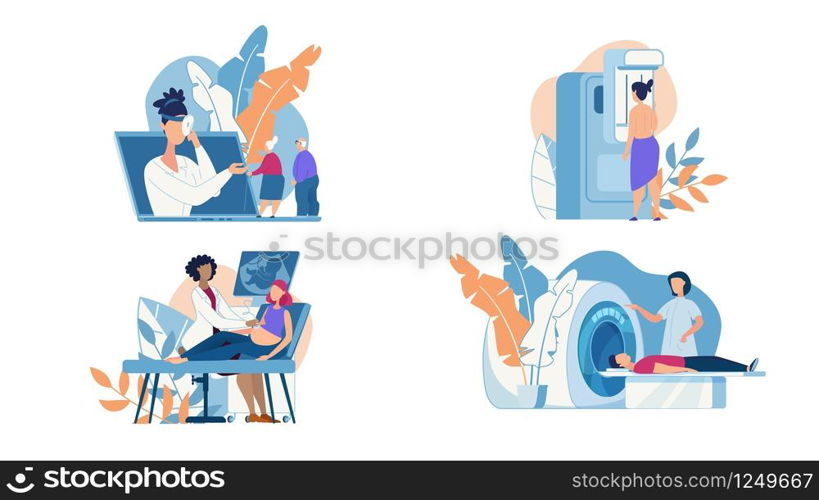 Informational Banner Body Research and Diagnosis. Advertising Poster for Clinic Serving All Segments Population. Set Flyers Diagnostic Center. Modern Equipment Vector Illustration.