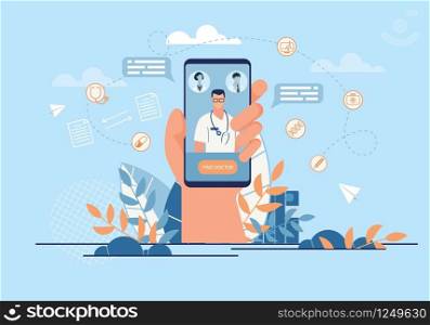 Informational Banner Call Doctor Application. Closeup Hand Holding Smartphone. On Screen Phone, Doctor Will go to Help Patient. Professional Practitioner Clinic. Vector Illustration.