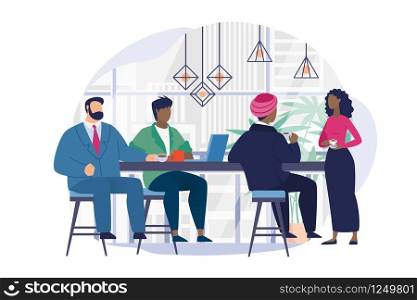 Informational Banner Coffee after Negotiations. Attraction Best Personnel with Help Trend Towards Healthy Eating. Men and Woman are Sitting in Meeting Room and Drinking Coffee Together.