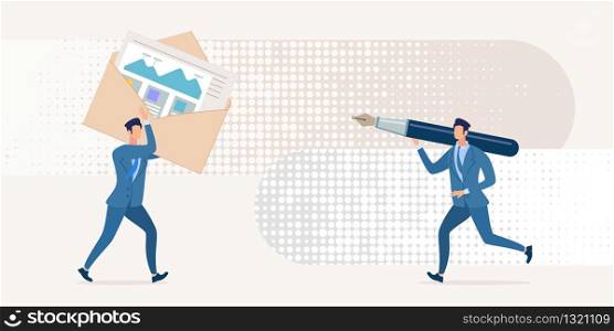 Informational Banner Content Visualization Flat. Conceptual Idea Mutually Beneficial Cooperation. Men go to Each Other For Meeting with an Envelope and Ink Pen. Vector Illustration.