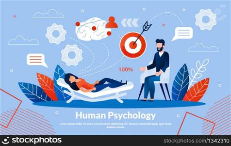 Informational Banner Inscription Human Psychology. Sequence Treatment, which must Followed According to Established Procedure. Woman Lies on Couch at an Appointment with Psychotherapist.. Informational Banner Inscription Human Psychology.