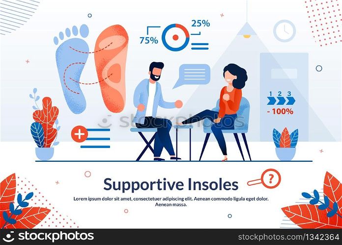 Informational Banner is Written Supportive Insoles. Painless and Safe Health Research Procedure. Man Sits on Chair and does Foot Massage to Young Woman Cartoon. Vector Illustration.