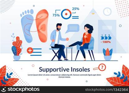 Informational Banner is Written Supportive Insoles. Painless and Safe Health Research Procedure. Man Sits on Chair and does Foot Massage to Young Woman Cartoon. Vector Illustration.