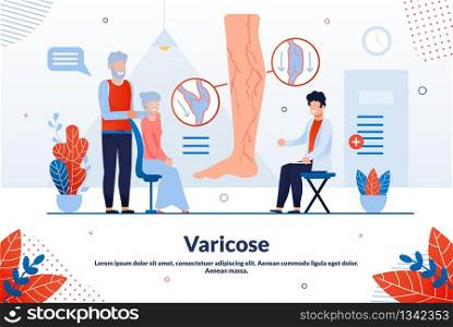 Informational Banner is Written Varicose Flat. Degree Risk Diagnostic Manipulation. An Elderly Couple came to Specialists for Examination Blood Vessels and Veins. Vector Illustration.