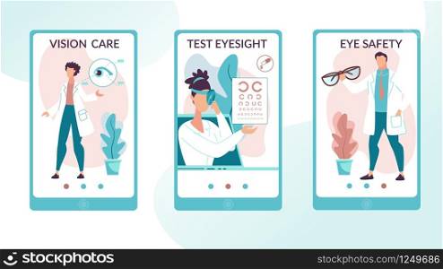 Informational Banner is Written Vision Car Flat. Set Inscription Test Eyesight, Eye Safety. Poster Oculist Examines Indicators and Prescribes Appropriate Treatment. Vector Illustration.