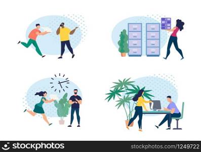 Informational Banner Set Office Weekdays Flat. Investment Projects for Income. Men and Women are Running around Office With Documents, Boss Looks at his Watch. Vector Illustration.