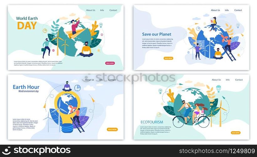 Informational Banner Set Written by Ecotourism. Flyer Inscription Save Our Planet, Earth Hour, World Earth Day. Family Rides Bicycle around Planet. Men and Women Take Care Planet Cartoon.