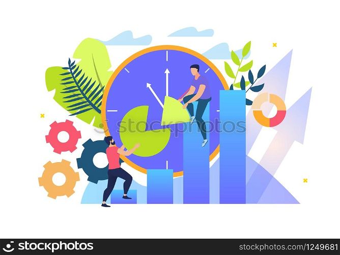 Informational Banner Time Saving Cartoon Flat. Close Up Large Dial. Men Plot Time Chart. Successful Time Management. Technology Organizing Time and Improving its Use. Vector Illustration.