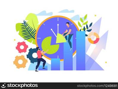 Informational Banner Time Saving Cartoon Flat. Close Up Large Dial. Men Plot Time Chart. Successful Time Management. Technology Organizing Time and Improving its Use. Vector Illustration.