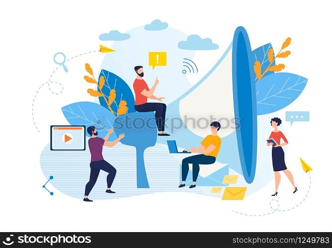 Informational Banner Webinar Announcement Flat. Attraction Best Staff with Help Office Space Design. Man Sits on Huge Loudspeaker, Office Workers Work Nearby Cartoon. Vector Illustration.
