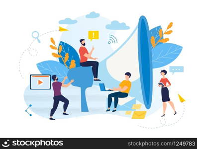 Informational Banner Webinar Announcement Flat. Attraction Best Staff with Help Office Space Design. Man Sits on Huge Loudspeaker, Office Workers Work Nearby Cartoon. Vector Illustration.