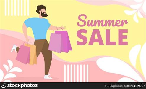 Informational Flat Banner Summer Sale Lettering. Fashionable Man Casual Clothes Hurries to Go Shopping. Bearded Guy Runs with Packages. Final Sale in Mens Section. Vector Illustration.