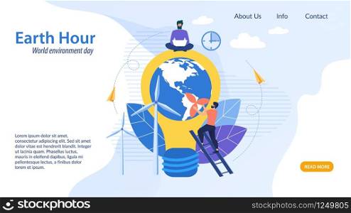 Informational Flyer Earth Hour, Cartoon Flat. Banner World Environment Day. Poster Inside Big Bulb is Planet. Guy Sits with Laptop on Top Light Bulb. Vector Illustration Landing Page.