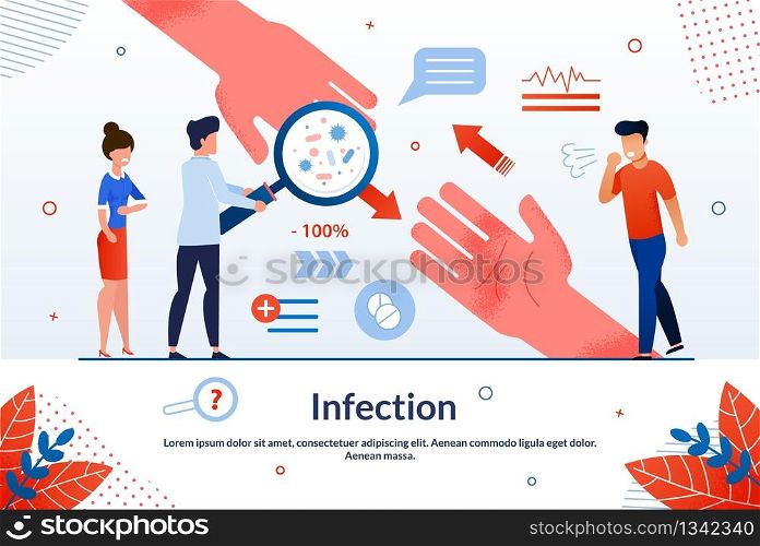 Informational Flyer Infection Lettering Cartoon. Unusual Situations when Need to Take Emergency Measures. Man Looks at Germs Through Magnifier, Infected People are Standing Nearby.. Infection Emergency Infected People Treatment