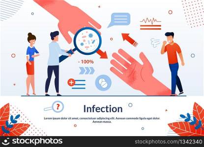 Informational Flyer Infection Lettering Cartoon. Unusual Situations when Need to Take Emergency Measures. Man Looks at Germs Through Magnifier, Infected People are Standing Nearby.. Infection Emergency Infected People Treatment