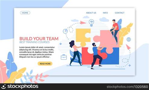 Informational Flyer Inscription Build your Team. Best Training Courses. Female Entrepreneur Working in an Online Business. Guy is Sitting on Piece Puzzle, People are Assembling Puzzle.