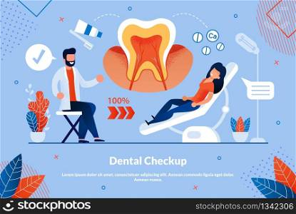 Informational Flyer is Written Dental Checkup. Medical Procedures to Treat an Illness or Injury. Flat Banner Woman is Being Treated and Diagnosed by Dentist Male. Vector Illustration.. Informational Flyer is Written Dental Checkup.