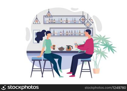 Informational Flyer Office Bar, Cartoon Flat. Banner Desire to Discuss Something in Shared Kitchen. Guy and Girl in Casual Clothes Drink Coffee During Lunch Break. Vector Illustration.