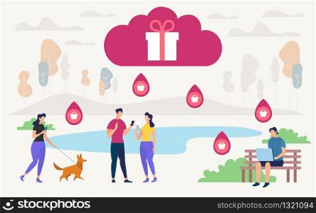 Informational Flyer Online Gift Selection Flat. Men and Women Walk Through City Park. There Big Cloud in Sky from which Gifts are Poured. People Order Products Online. Vector Illustration.