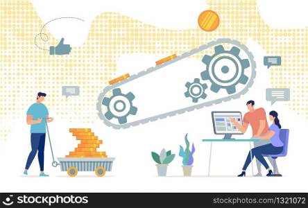 Informational Flyer Successful Mining Gold Coins. Conceptual Idea Methods and Ways to Generate Virtual Income. Man Loaded Cart with Coins from Conveyor. People Sit at Computer. Vector Illustration.