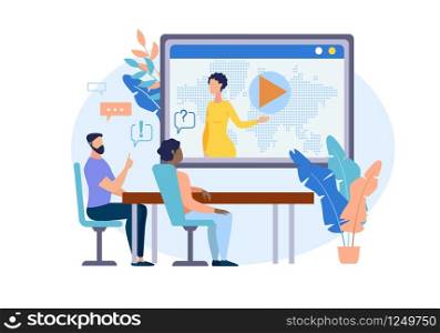 Informational Flyer Video Conferencing Cartoon. Office Technical Needs. Men and Women Participate in Video Conferencing. Woman Presents Project Through an Online Channel. Vector Illustration.