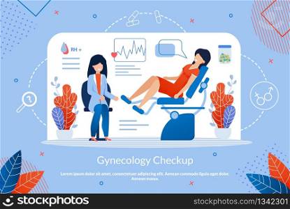 Informational Flyer Written Gynecology Checkup. Careful Attention to Work Internal Organs. Woman Lies on an Examination Chair, Next to Woman is Gynecologist Cartoon. Vector Illustration.. Informational Flyer Written Gynecology Checkup.