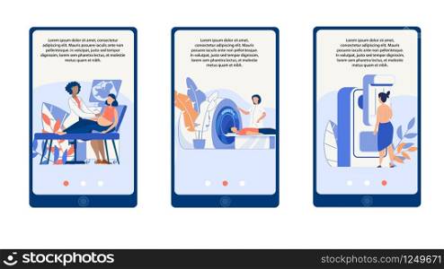 Informational Poster Diagnostic Procedures Clinic. Woman Sets Banner in her Lungs with Fluorography Machine. Doctor Performs an Ultrasound Examination Pregnant Woman. Vector Illustration.