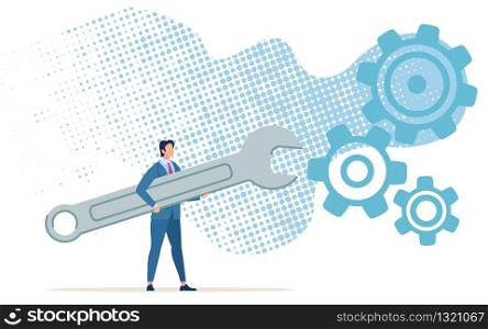 Informational Poster Fine Tuning Mechanism Flat. Bright Banner Conceptual Idea Available Tools and Instrument for Manual Fine Tuning. Trendy Flyer Man Turns Gear Wrench. Vector Illustration.