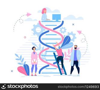 Informational Poster Genetic Research Cartoon. Men and Women in White Coats Study Science Heredity. Medic Investigate Cause Disease and Human Characteristics at Genetic Level Flat.
