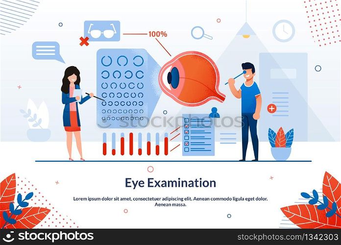 Informational Poster Inscription Eye Examination. Medical Procedure to Measure Condition Patient. Man Undergoes an Eye Examination by an Ophthalmologist, Female Doctor Shows Letters.. Informational Poster Inscription Eye Examination.