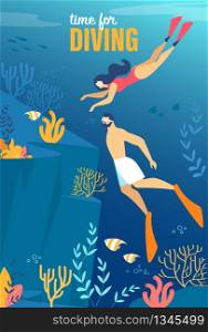 Informational Poster Inscription Time for Diving. Flyer Man and Woman are Swimming in Masks Under Water. Flat Banner Underwater View with Fish and Coral. Vector Illustration Cartoon.. Informational Poster Inscription Time for Diving.