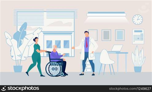 Informational Poster Nursing Home Cartoon Flat. Banner Hospitalization an Elderly Person. Flyer Nurse Carries Man in Wheelchair for Visit to Doctor. Service Hospice. Vector Illustration.