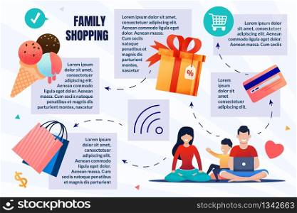 Informational Poster Parents make Family Shopping. Parents with Child are Sitting on Floor and Laughing. Wife is Sitting in Pose for Meditation, next to her Husband Looking at Laptop.. Informational Poster Parents make Family Shopping.