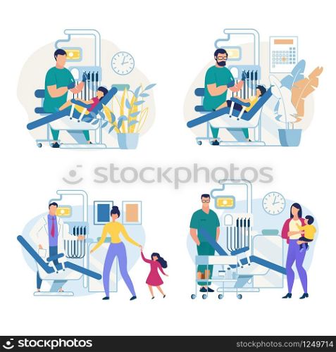 Informational Poster Pediatric Dental Clinic. Flyer Dentist Treats Childs Teeth. Boy at Reception at Dentist. Mother Brought Baby for Examination to Doctor Cartoon. Vector Illustration.