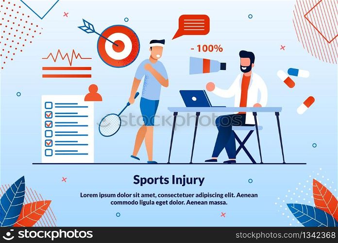 Informational Poster Sports Ingury Lettering. Laboratory Research Methods Male Athlete with Tennis Racket Complains Shoulder Pain, Doctor Listens Cartoon Flat. Vector Illustration.