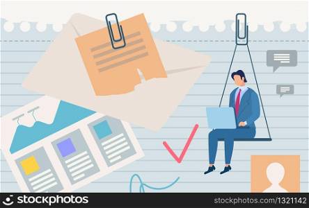 Informational Poster Suspended State Cartoon. Conceptual Idea Man and Daily Tasks. Man Sits with Laptop in Hand on Background Notebook with Goals and Graphic Diagrams. Vector Illustration.