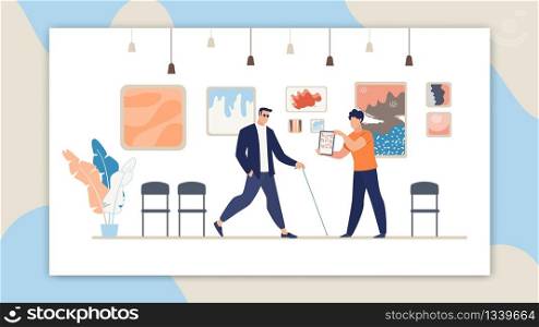 Informational Services and Assistance for Persons with Disabilities in Museum Concept. Museum Worker or Guide Helping Blind Man, Telling Visitor About Exhibition Trendy Flat Vector Illustration