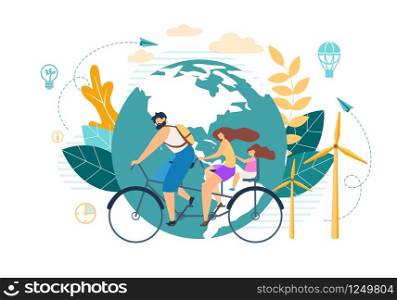 Informative Banner Employees on Vacation Flat. Dramatic Changes in Situation. Poster Family Bike Ride around Planet. Parents and Children Spend their Vacation Time Together. Vector Illustration.