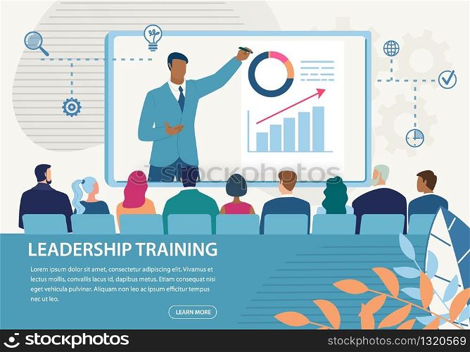 Informative Banner Inscription Leadership Training. Men and Women are Sitting in Hall and Listening to Speaker. Video Presentation Man in Suit Shows on Chart, Flat. Vector Illustration.