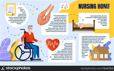 Informative Banner, Inscription Nursing Home. Man in Casual Clothes is Sitting Wheelchair. Infographics Healthy Quality Care for People with Disabilities Cartoon. Vector Illustration.