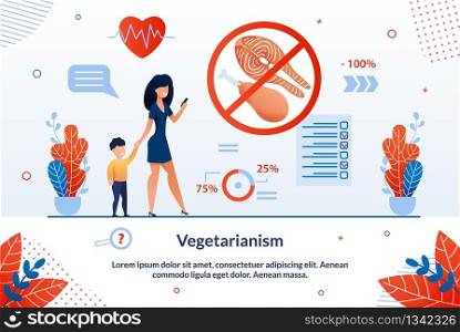 Informative Banner Inscription Vegetarianism. Effective Methods for Prevention Even Chronic Diseases. Woman with Child Uses Application for Food Selection Cartoon. Vector Illustration.. Informative Banner Inscription Vegetarianism.