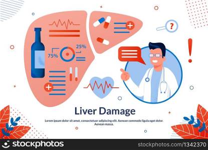 Informative Banner is Written Liver Damage Flat. Popular Set Tests in Clinic. Male Doctor Explains Effects Liver Disease. Disease Prevention, Healthy Lifestyle. Vector Illustration.