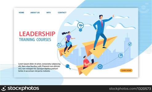 Informative Banner Leadership Training Courses. Male Chief Stands on Paper Airplane and Indicates Direction Flight to People. Core Course Ignites and Inspires. People Rush to become Experts.