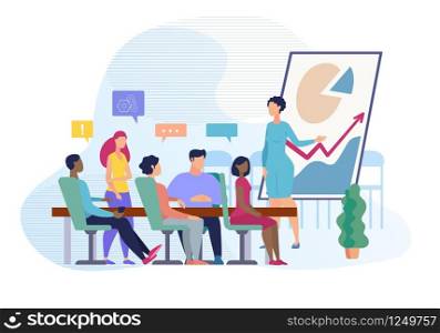 Informative Banner Meeting Discussion Cartoon. Offices are Open, in Large Room there are Many Employees. Poster Woman Holds Meeting, Voices Performance Company. Vector Illustration.