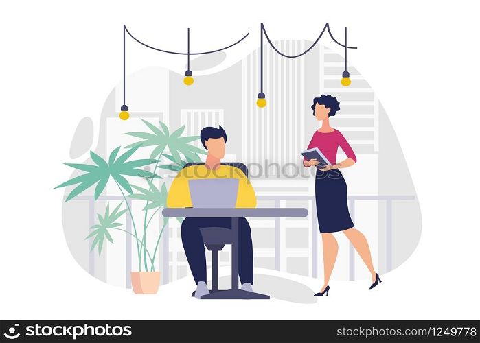 Informative Banner Office Workplace Cartoon Flat. Healthy Office Food, Organic and Fresh Ingredients. Girl Comes with Folder to Guy who is Sitting at Table in Office. Vector Illustration.
