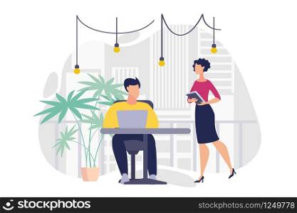Informative Banner Office Workplace Cartoon Flat. Healthy Office Food, Organic and Fresh Ingredients. Girl Comes with Folder to Guy who is Sitting at Table in Office. Vector Illustration.