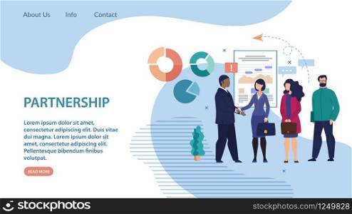 Informative Banner Partnership Lettering Flat. Creatin Positive Opinion about Company Among Customers. Woman Shakes Hands with Business Partner Cartoon. Vector Illustration Landing Page.