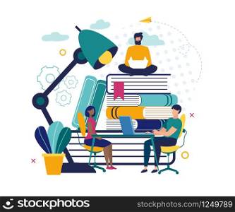 Informative Banner Selection Information, Flat. Poster Attraction Best Personnel with Help Flexible Work Schedule. Man Sits on Huge Books with Laptops Cartoon. Vector Illustration.