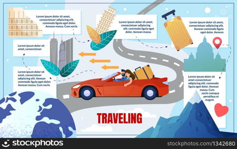 Informative Banner Trip by Car Cities, Traveling. Guy and Girl are Driving Car, in Back Seat Suitcase. Couple in Love Travels to Different Countries and Attractions. Vector Illustration.. Informative Banner Trip by Car Cities, Traveling.